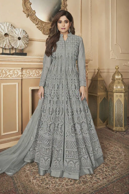 Silver Grey Heavy Embroidered Front-Slit Indo-Western Gown - 10611 B