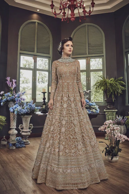 Champagne Gold Heavy Embroidered Premium Net Gown - 10501 C