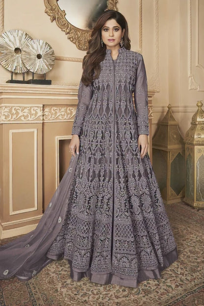 Dusty Purple Heavy Embroidered Front-Slit Indo-Western Gown - 11611 D