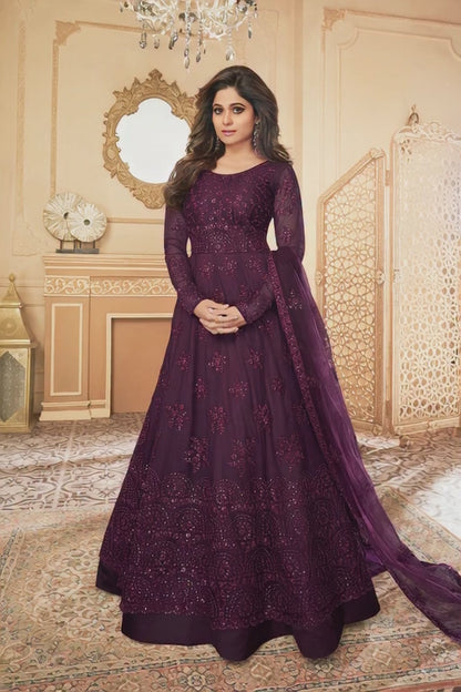 Deep Plum Heavy Sequined Evening Gown - 10827 B