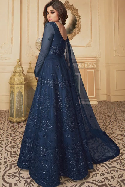 Midnight Navy Blue Heavy Sequined Evening Gown - 10827
