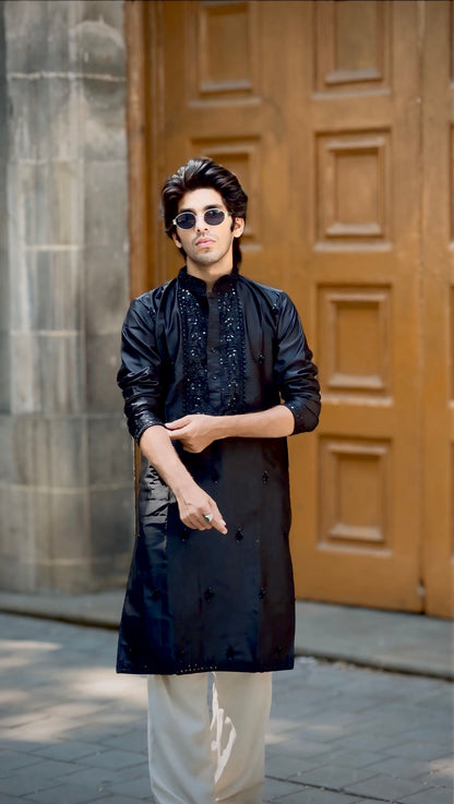: Premium Jet Black Men's Kurta | Tonal Sequin Embroidered wrok