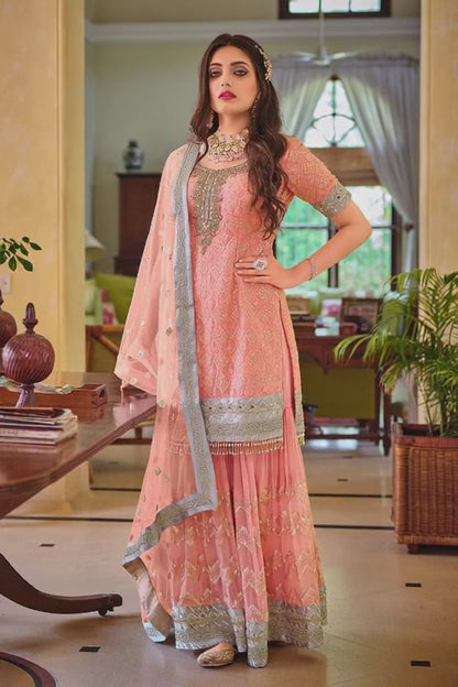 Exquisite Deep Red Heavy Embroidered Peplum Sharara Suit | Luxury Wedding Wear | Kavlee
