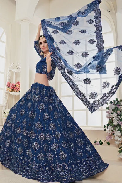 Kavlee Royal Teal Blue Velvet Lehenga with Heavy Gold Borders