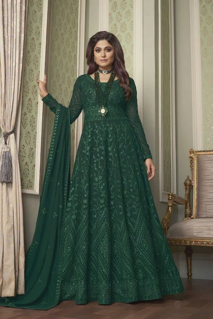 Mehndi Green Heavy Embroidered Evening Gown - 10610 A