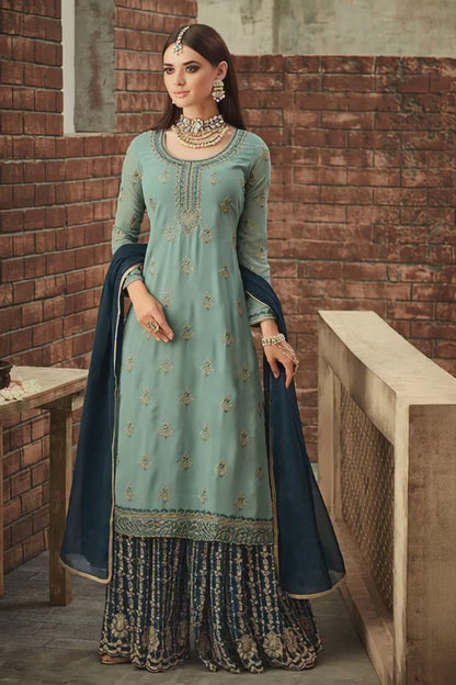 Exquisite Blue Embroidered Stone Work Peplum Sharara Suit | Luxury Festive Wear | Kavlee