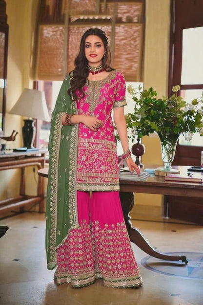 Premium pink Heavy Embroidered Peplum Sharara Suit | Luxury Wedding Wear | Kavlee