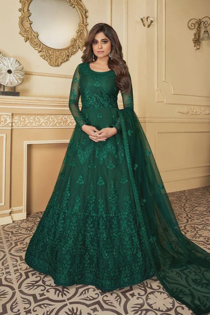 Mehndi Green Heavy Sequined Evening Gown - 10827 A