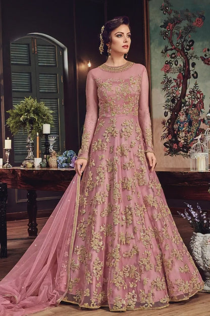Elegant Wine Purple Floral Embroidered Party Gown – 10510