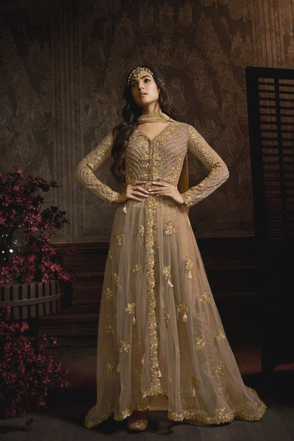 Golden Beige Heavy Embroidered Front-Slit Indo-Western Gown - 10561