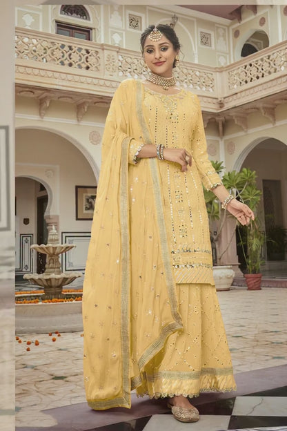 Heavy Georgette Party Wear Sharara in Yellow Color with Embroidery Work