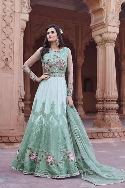 Elegant Midnight Blue Floral Embroidered Evening Gown – 16210