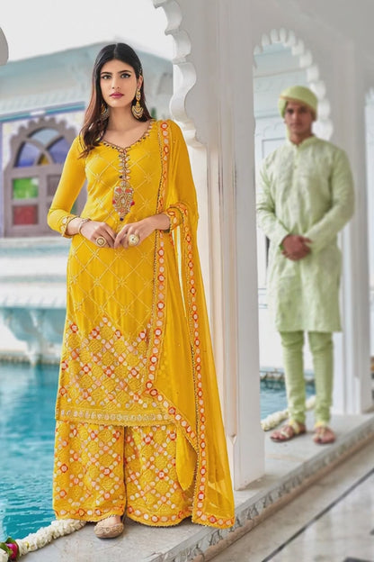 Premium Yellow Heavy Embroidered Sharara Suit | Kavlee